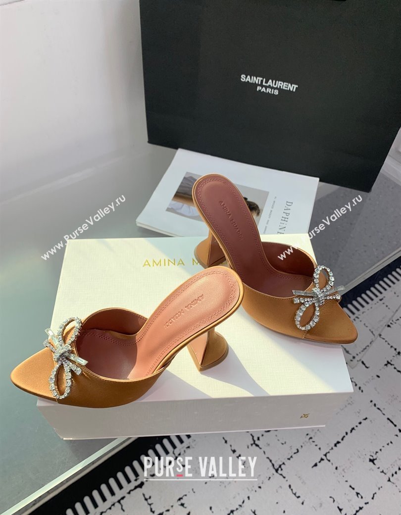 Amina Muaddi Rosie Strass-Embellished Bow Slides Sandal 9.5cm in Satin Apricot 2025 0219 (KER-250219049)