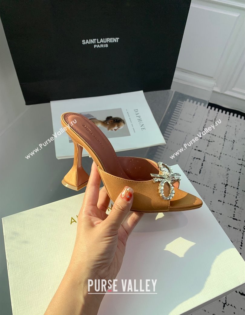 Amina Muaddi Rosie Strass-Embellished Bow Slides Sandal 9.5cm in Satin Apricot 2025 0219 (KER-250219049)