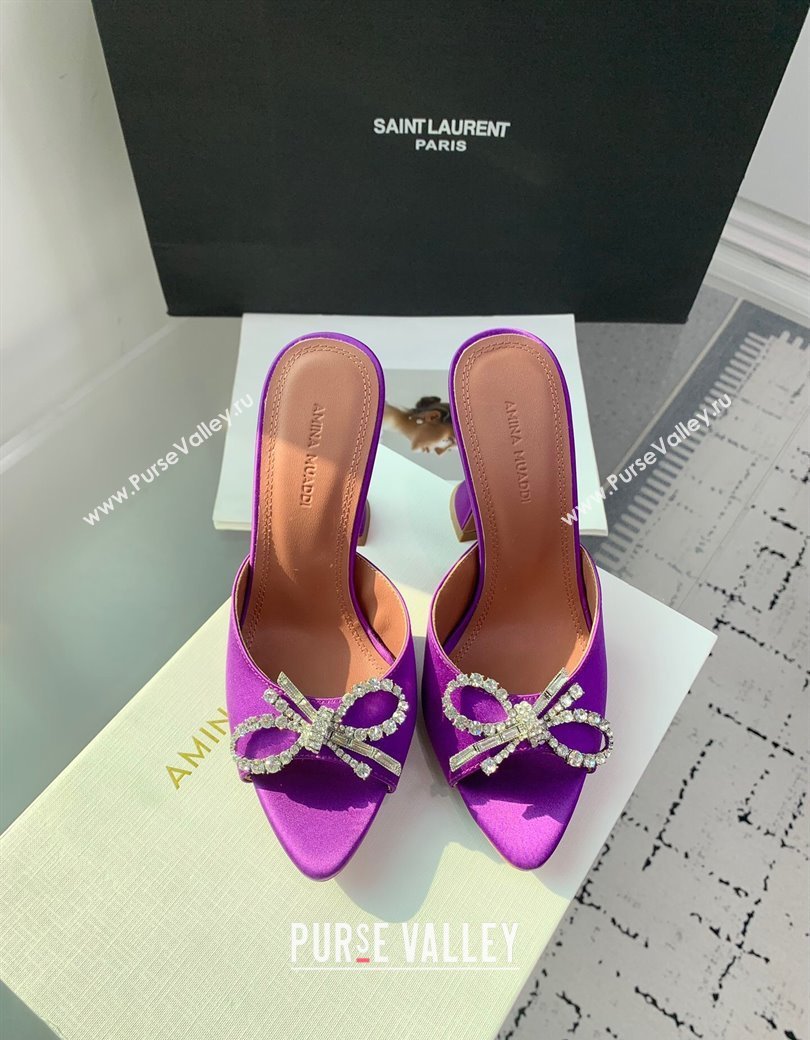 Amina Muaddi Rosie Strass-Embellished Bow Slides Sandal 9.5cm in Satin Purple2 2025 0219 (KER-250219051)