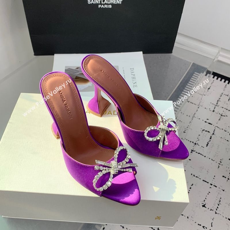Amina Muaddi Rosie Strass-Embellished Bow Slides Sandal 9.5cm in Satin Purple2 2025 0219 (KER-250219051)