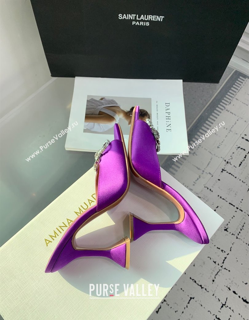 Amina Muaddi Rosie Strass-Embellished Bow Slides Sandal 9.5cm in Satin Purple2 2025 0219 (KER-250219051)