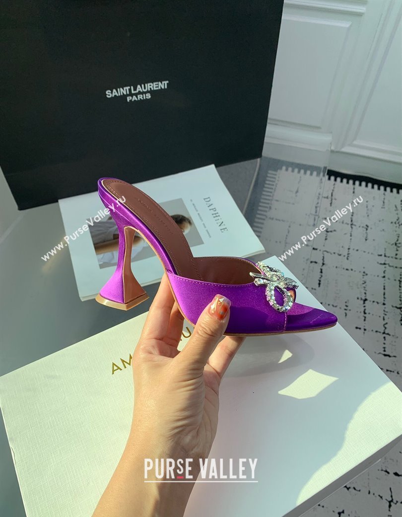 Amina Muaddi Rosie Strass-Embellished Bow Slides Sandal 9.5cm in Satin Purple2 2025 0219 (KER-250219051)
