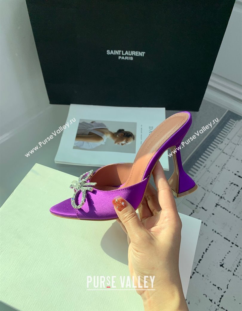 Amina Muaddi Rosie Strass-Embellished Bow Slides Sandal 9.5cm in Satin Purple2 2025 0219 (KER-250219051)