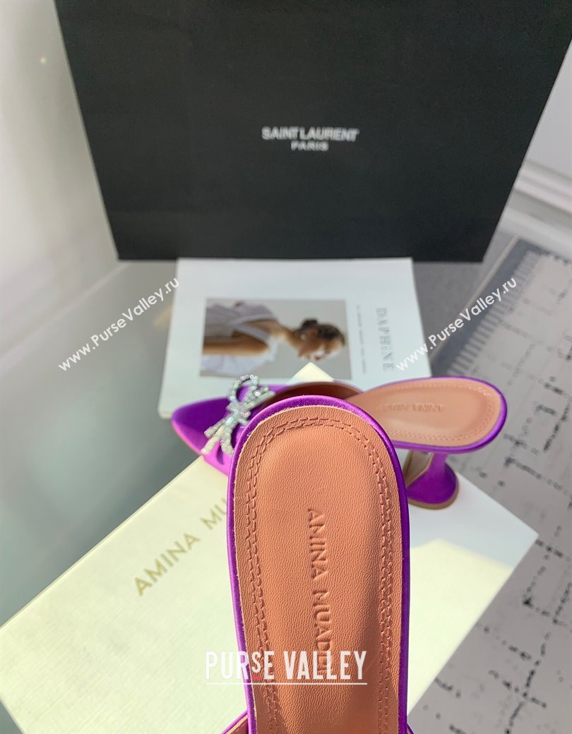 Amina Muaddi Rosie Strass-Embellished Bow Slides Sandal 9.5cm in Satin Purple2 2025 0219 (KER-250219051)