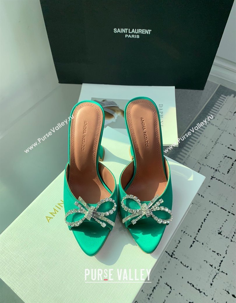 Amina Muaddi Rosie Strass-Embellished Bow Slides Sandal 9.5cm in Satin Green 2025 0219 (KER-250219053)