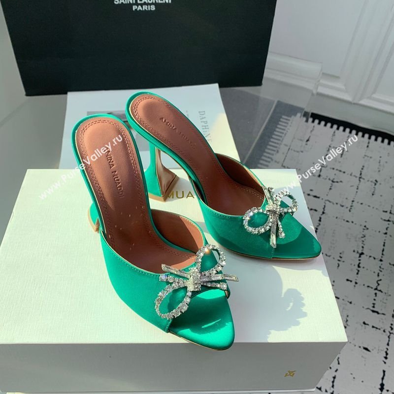 Amina Muaddi Rosie Strass-Embellished Bow Slides Sandal 9.5cm in Satin Green 2025 0219 (KER-250219053)