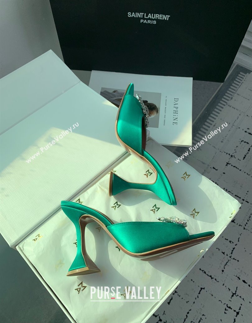 Amina Muaddi Rosie Strass-Embellished Bow Slides Sandal 9.5cm in Satin Green 2025 0219 (KER-250219053)