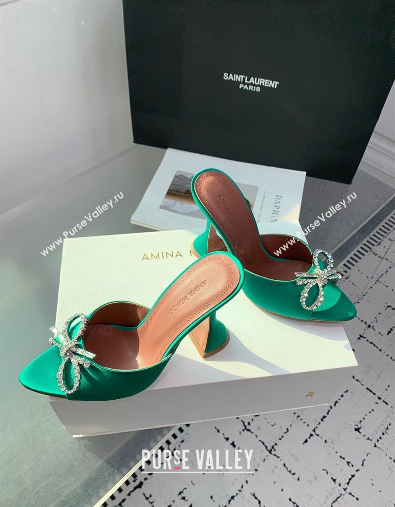 Amina Muaddi Rosie Strass-Embellished Bow Slides Sandal 9.5cm in Satin Green 2025 0219 (KER-250219053)