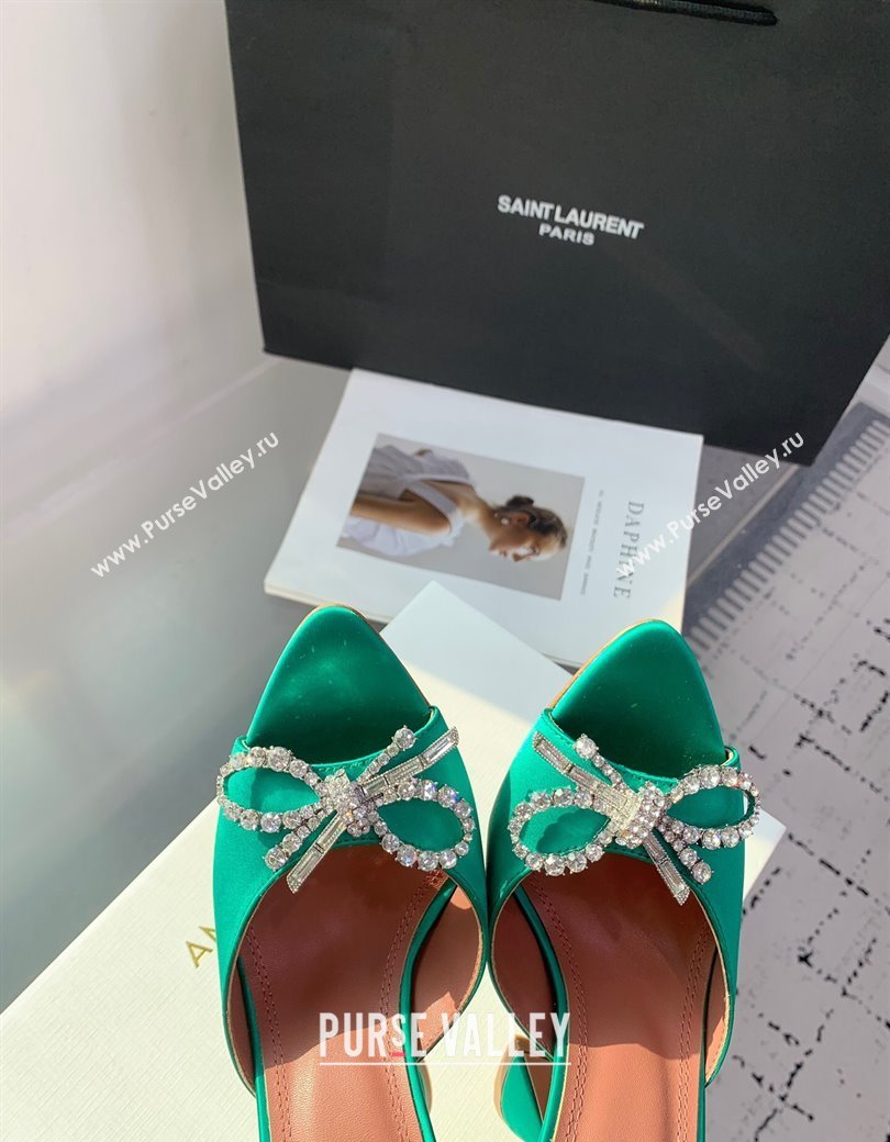 Amina Muaddi Rosie Strass-Embellished Bow Slides Sandal 9.5cm in Satin Green 2025 0219 (KER-250219053)