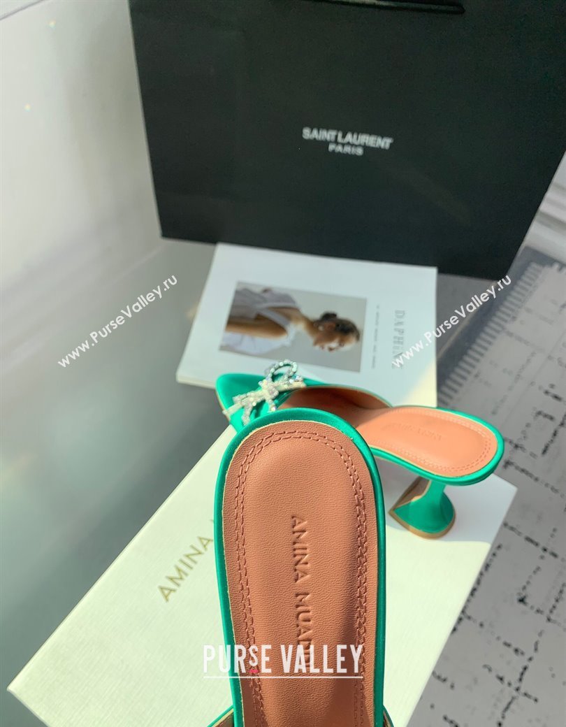 Amina Muaddi Rosie Strass-Embellished Bow Slides Sandal 9.5cm in Satin Green 2025 0219 (KER-250219053)