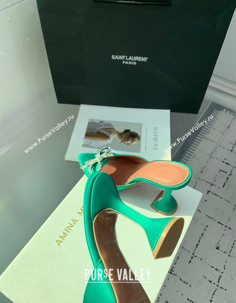 Amina Muaddi Rosie Strass-Embellished Bow Slides Sandal 9.5cm in Satin Green 2025 0219 (KER-250219053)