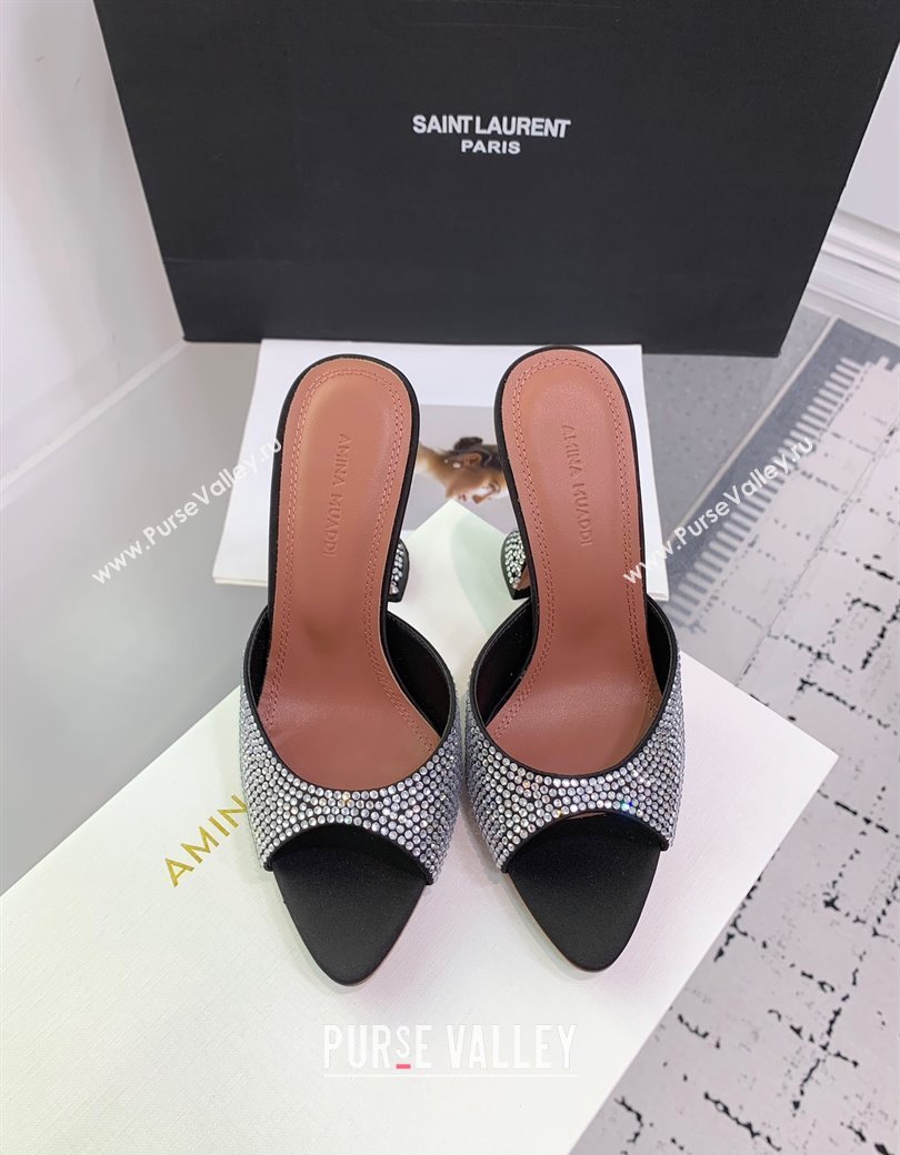 Amina Muaddi Caroline Heeled Slides Sandal 9.5cm in Satin and Strass Black 2025 0219 (KER-250219054)