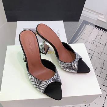 Amina Muaddi Caroline Heeled Slides Sandal 9.5cm in Satin and Strass Black 2025 0219 (KER-250219054)