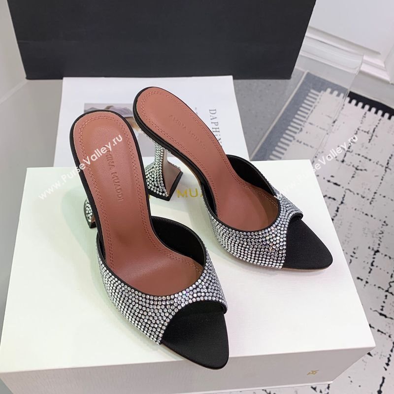 Amina Muaddi Caroline Heeled Slides Sandal 9.5cm in Satin and Strass Black 2025 0219 (KER-250219054)
