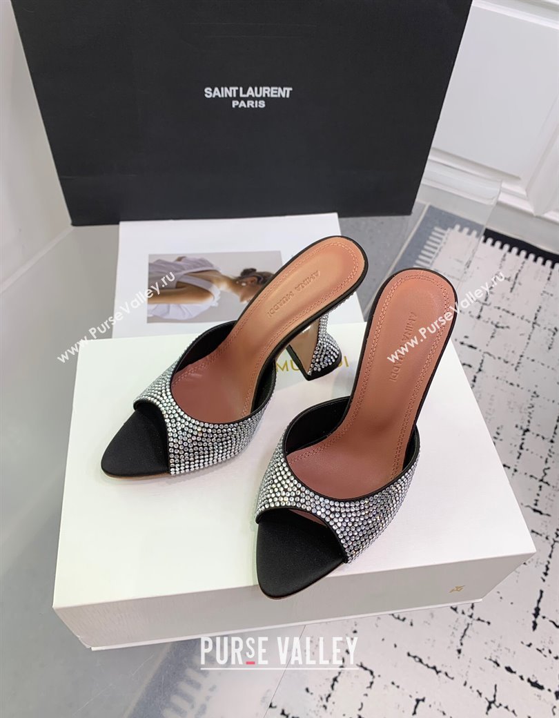 Amina Muaddi Caroline Heeled Slides Sandal 9.5cm in Satin and Strass Black 2025 0219 (KER-250219054)