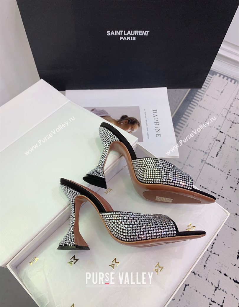 Amina Muaddi Caroline Heeled Slides Sandal 9.5cm in Satin and Strass Black 2025 0219 (KER-250219054)