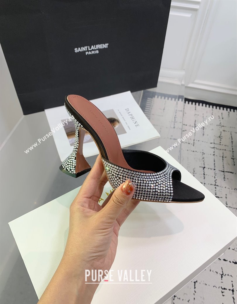 Amina Muaddi Caroline Heeled Slides Sandal 9.5cm in Satin and Strass Black 2025 0219 (KER-250219054)