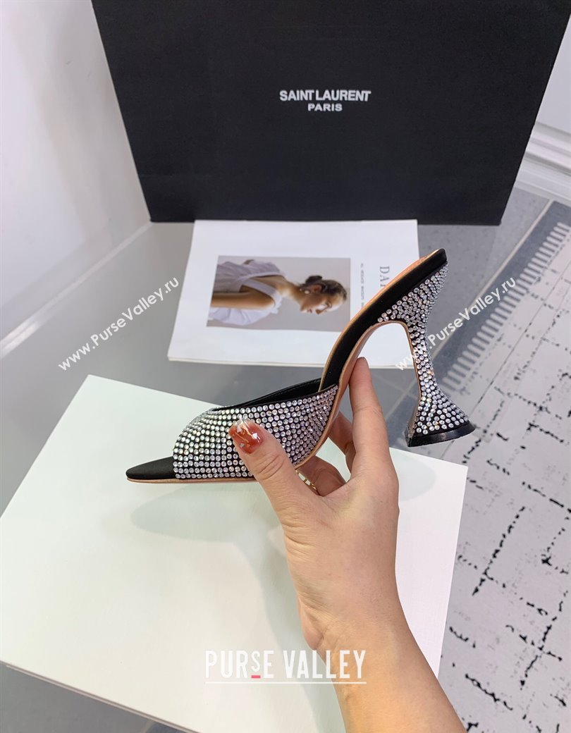 Amina Muaddi Caroline Heeled Slides Sandal 9.5cm in Satin and Strass Black 2025 0219 (KER-250219054)