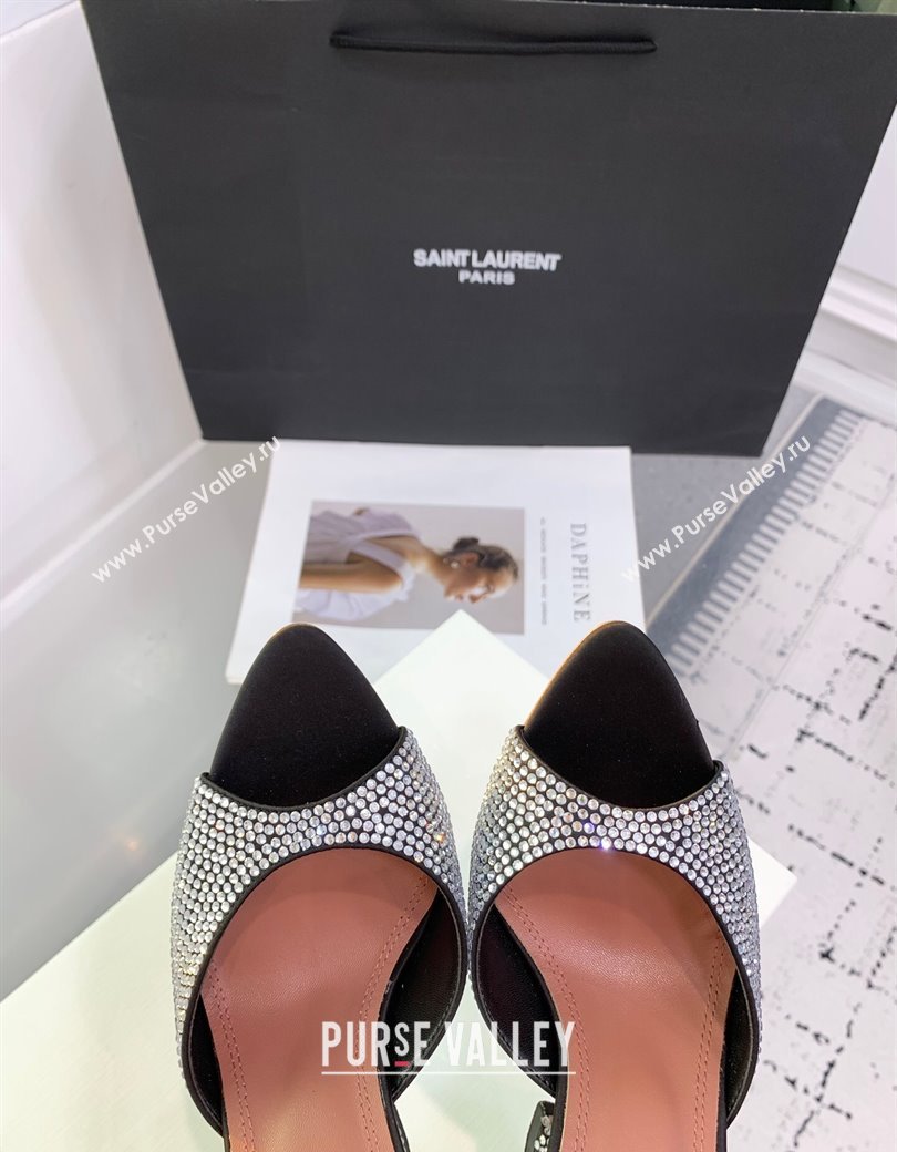 Amina Muaddi Caroline Heeled Slides Sandal 9.5cm in Satin and Strass Black 2025 0219 (KER-250219054)