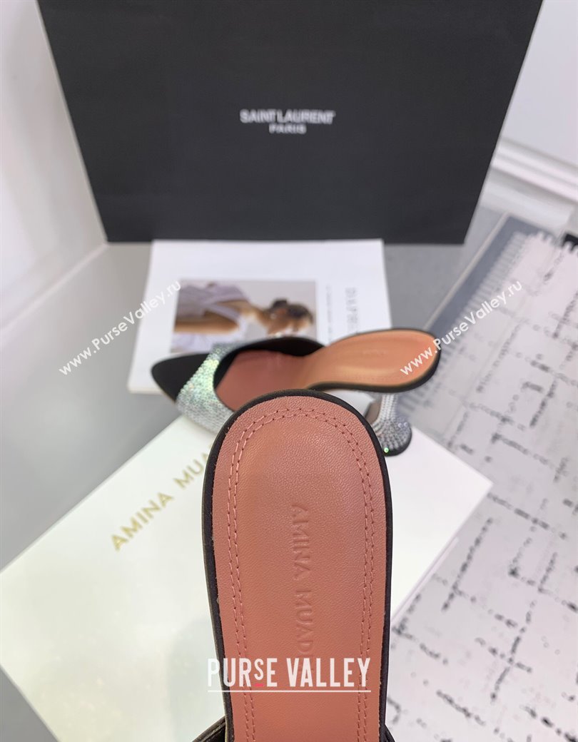 Amina Muaddi Caroline Heeled Slides Sandal 9.5cm in Satin and Strass Black 2025 0219 (KER-250219054)