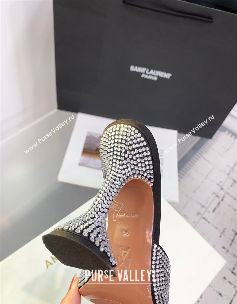 Amina Muaddi Caroline Heeled Slides Sandal 9.5cm in Satin and Strass Black 2025 0219 (KER-250219054)
