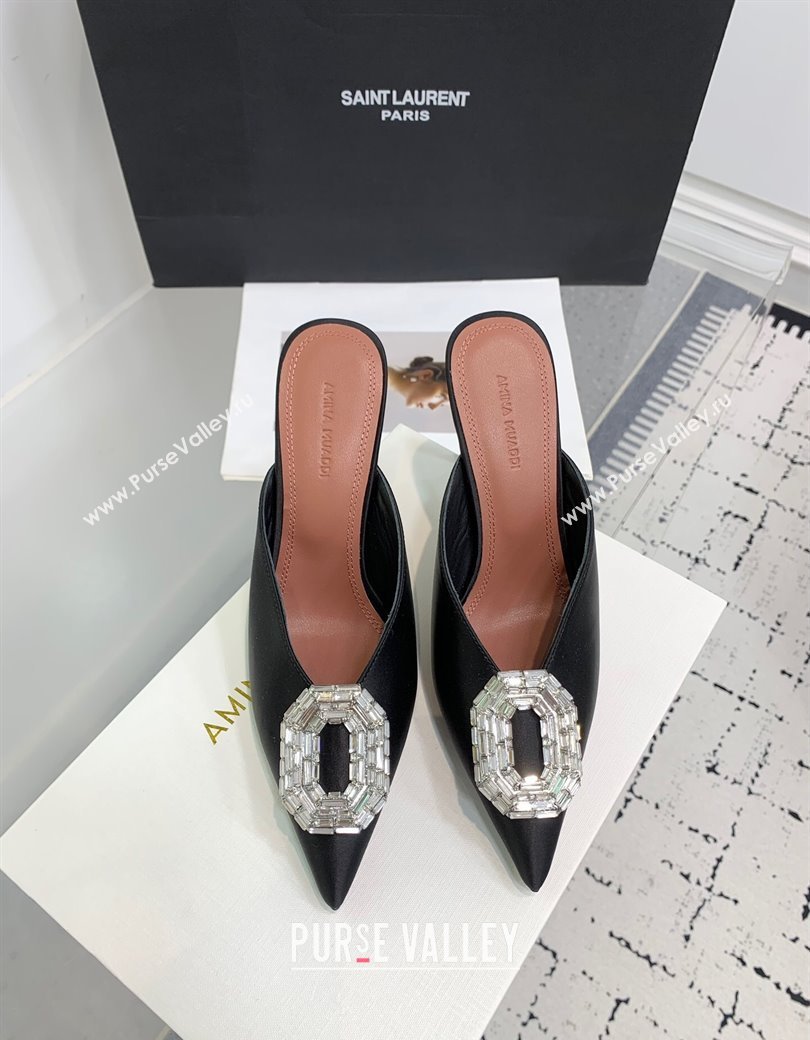 Amina Muaddi Camelia Strass-Embellished Buckle Point-toe Mules 9cm in Satin Black 2025 0219 (KER-250219036)