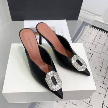 Amina Muaddi Camelia Strass-Embellished Buckle Point-toe Mules 9cm in Satin Black 2025 0219 (KER-250219036)