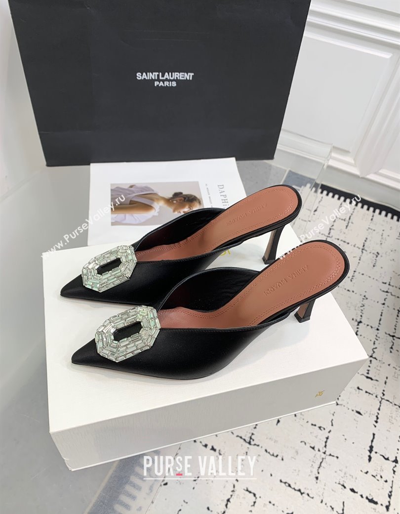 Amina Muaddi Camelia Strass-Embellished Buckle Point-toe Mules 9cm in Satin Black 2025 0219 (KER-250219036)