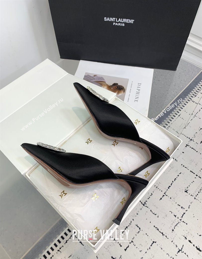 Amina Muaddi Camelia Strass-Embellished Buckle Point-toe Mules 9cm in Satin Black 2025 0219 (KER-250219036)