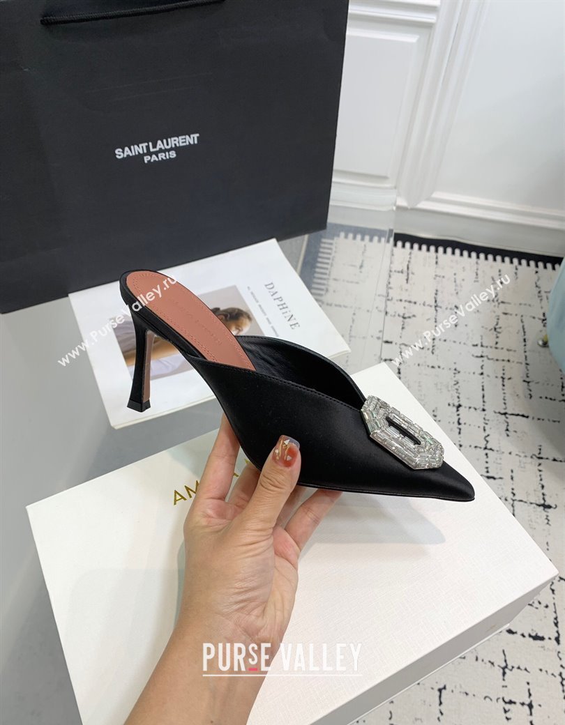 Amina Muaddi Camelia Strass-Embellished Buckle Point-toe Mules 9cm in Satin Black 2025 0219 (KER-250219036)