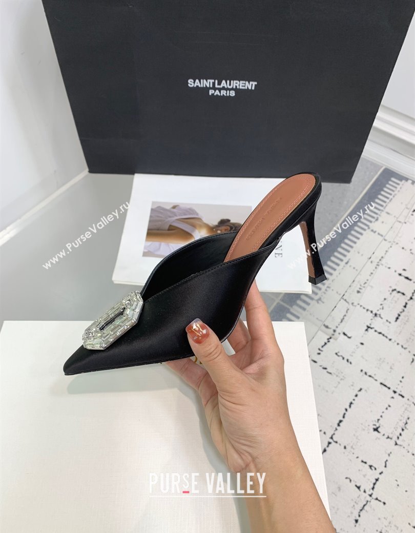 Amina Muaddi Camelia Strass-Embellished Buckle Point-toe Mules 9cm in Satin Black 2025 0219 (KER-250219036)