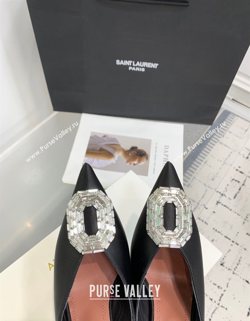 Amina Muaddi Camelia Strass-Embellished Buckle Point-toe Mules 9cm in Satin Black 2025 0219 (KER-250219036)