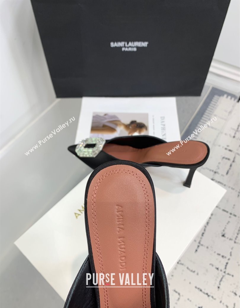 Amina Muaddi Camelia Strass-Embellished Buckle Point-toe Mules 9cm in Satin Black 2025 0219 (KER-250219036)