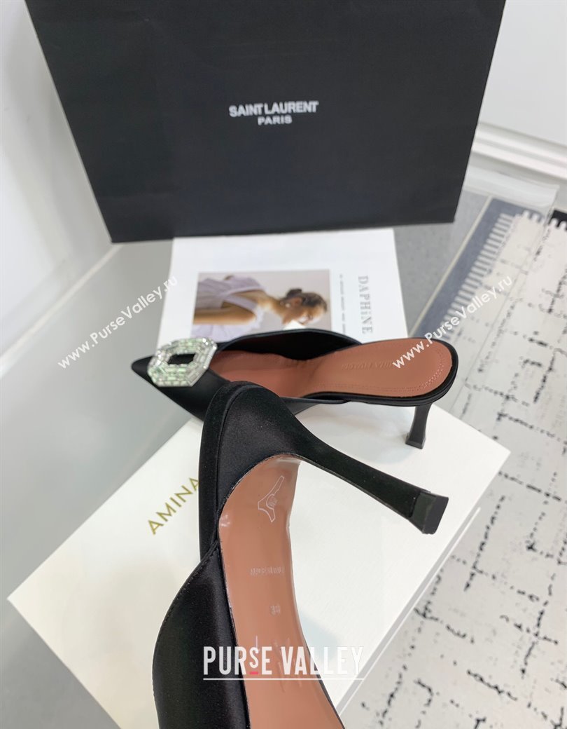 Amina Muaddi Camelia Strass-Embellished Buckle Point-toe Mules 9cm in Satin Black 2025 0219 (KER-250219036)
