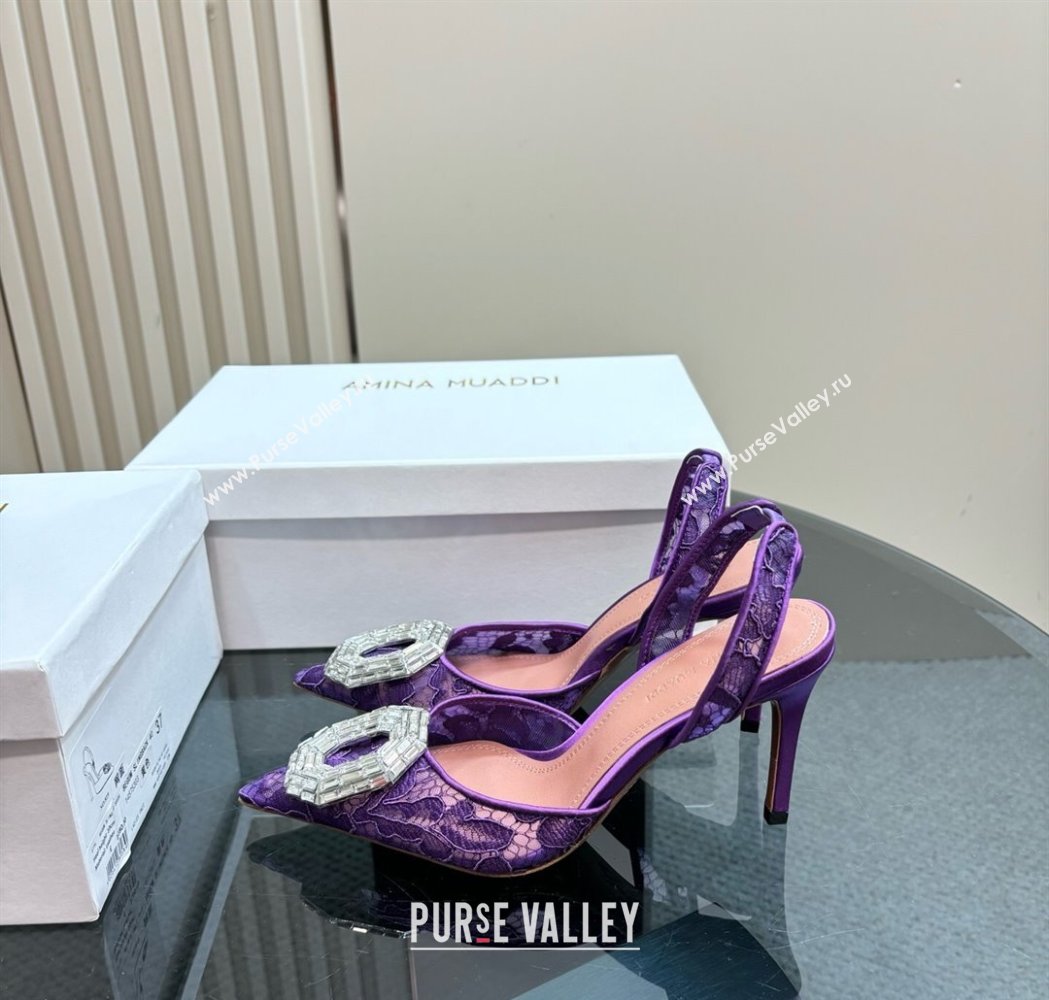 Amina Muaddi Camelia Slingback Pumps 9.8cm in Lace with Rectangular Strass Buckle Purple 2025 0219 (MD-250219027)