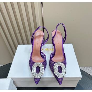 Amina Muaddi Camelia Slingback Pumps 9.8cm in Lace with Rectangular Strass Buckle Purple 2025 0219 (MD-250219027)