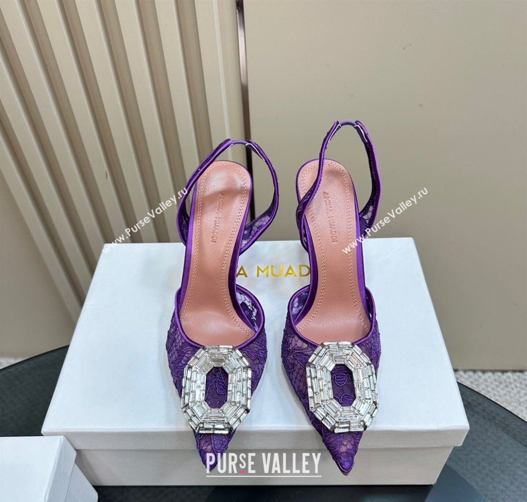 Amina Muaddi Camelia Slingback Pumps 9.8cm in Lace with Rectangular Strass Buckle Purple 2025 0219 (MD-250219027)