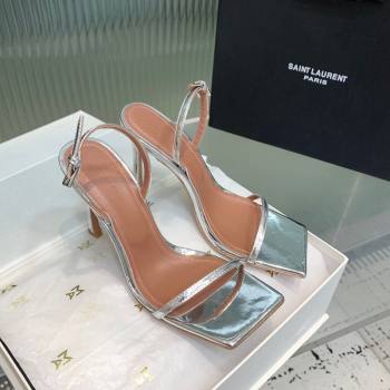 Amina Muaddi Maya Square-toe Sandals 10cm in Metallic Calfskin Silver 2025 0219 (KER-250219070)