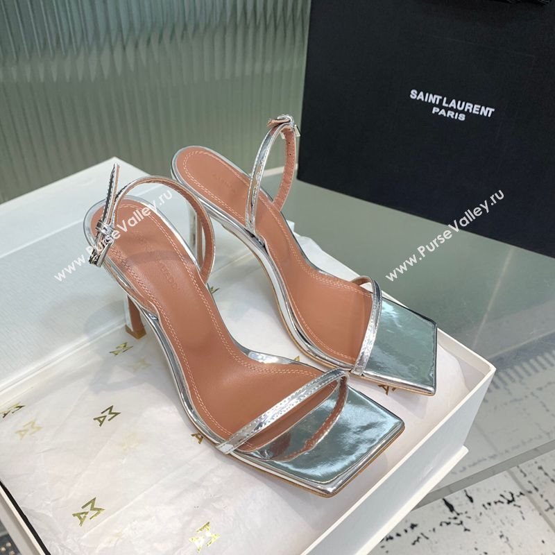 Amina Muaddi Maya Square-toe Sandals 10cm in Metallic Calfskin Silver 2025 0219 (KER-250219070)
