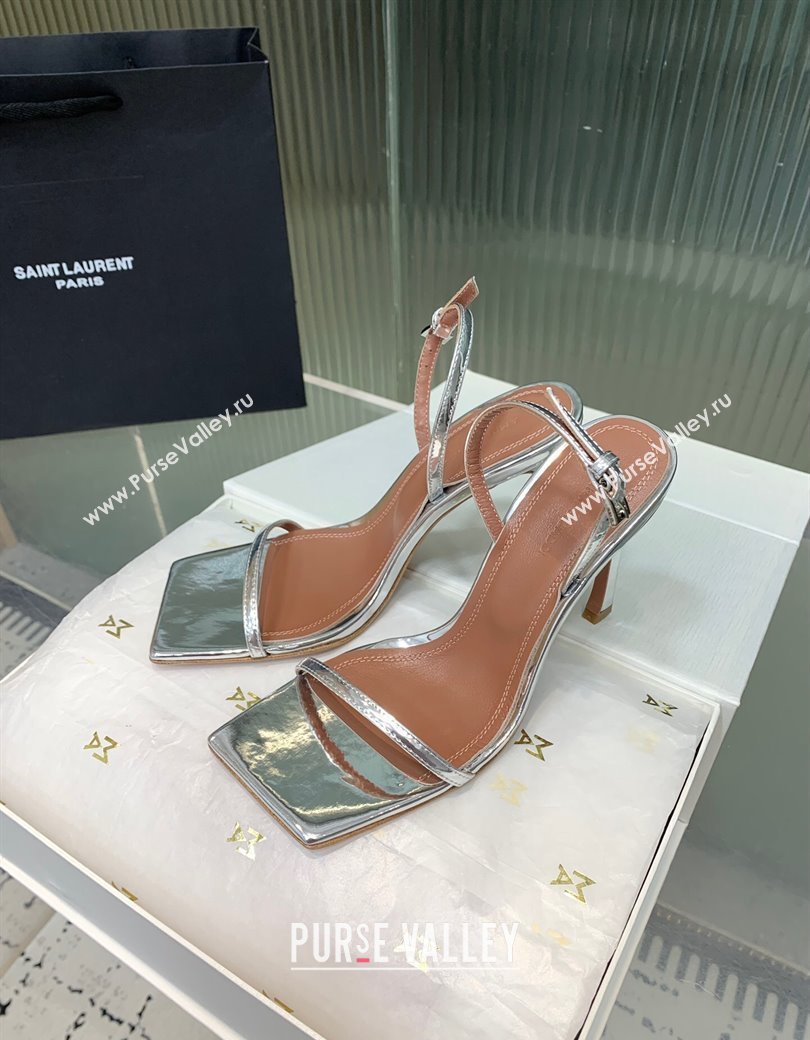 Amina Muaddi Maya Square-toe Sandals 10cm in Metallic Calfskin Silver 2025 0219 (KER-250219070)