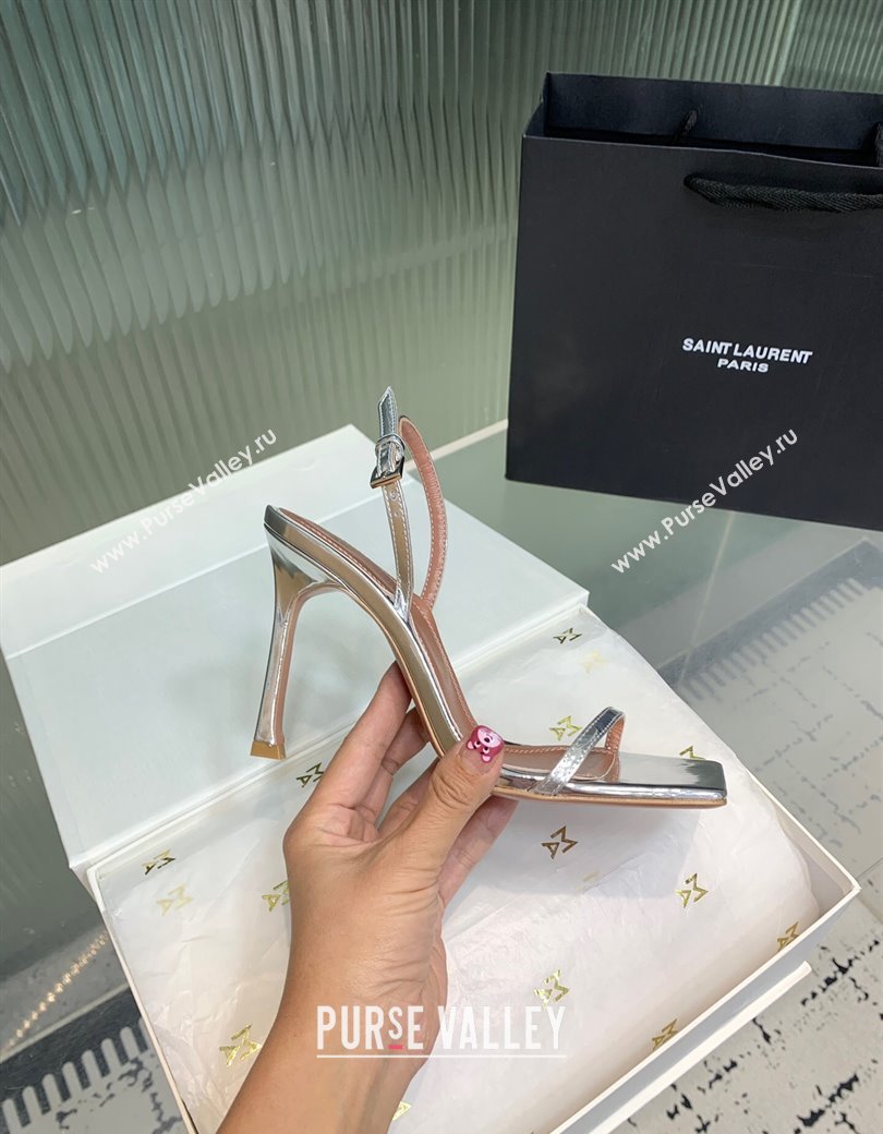 Amina Muaddi Maya Square-toe Sandals 10cm in Metallic Calfskin Silver 2025 0219 (KER-250219070)