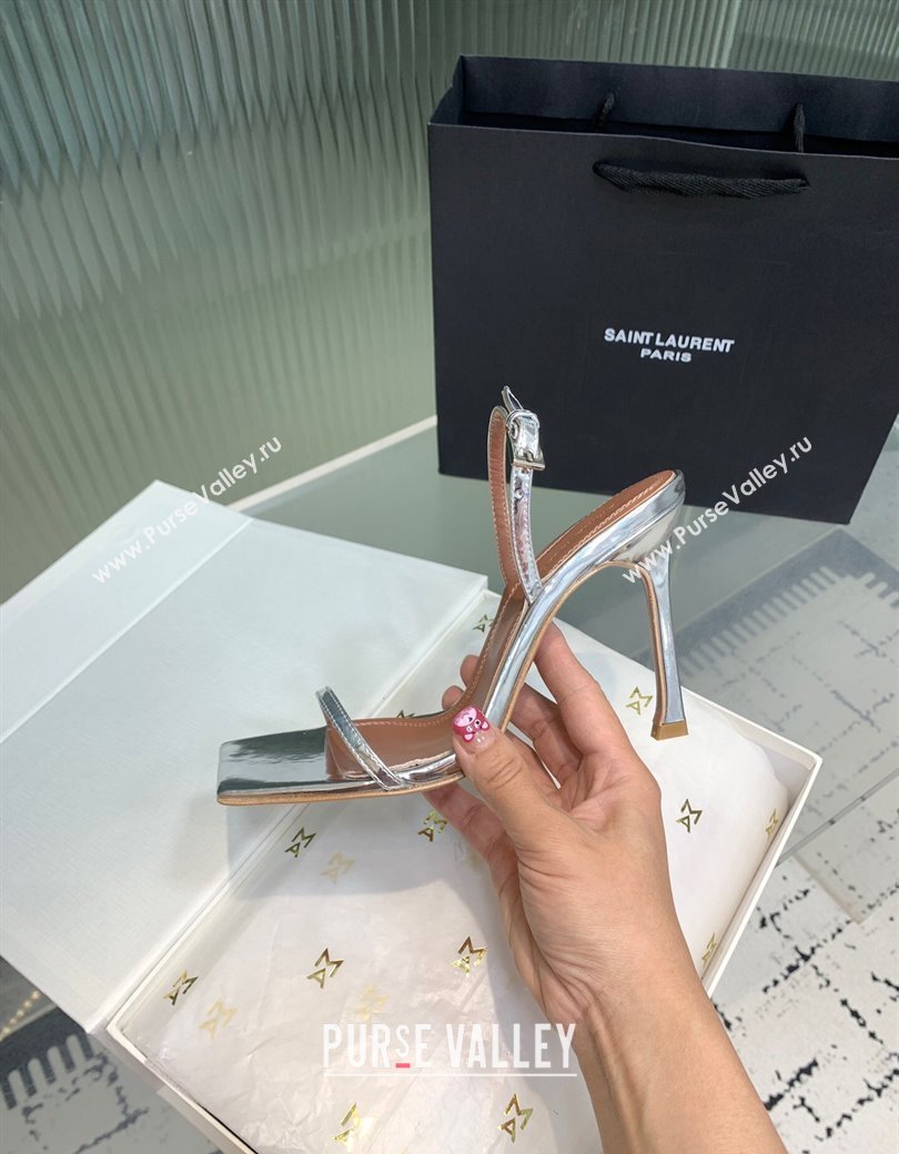 Amina Muaddi Maya Square-toe Sandals 10cm in Metallic Calfskin Silver 2025 0219 (KER-250219070)