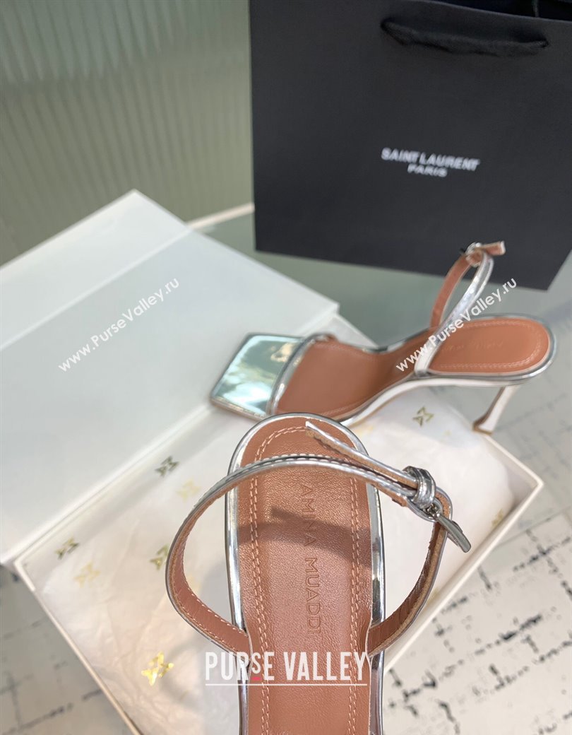 Amina Muaddi Maya Square-toe Sandals 10cm in Metallic Calfskin Silver 2025 0219 (KER-250219070)