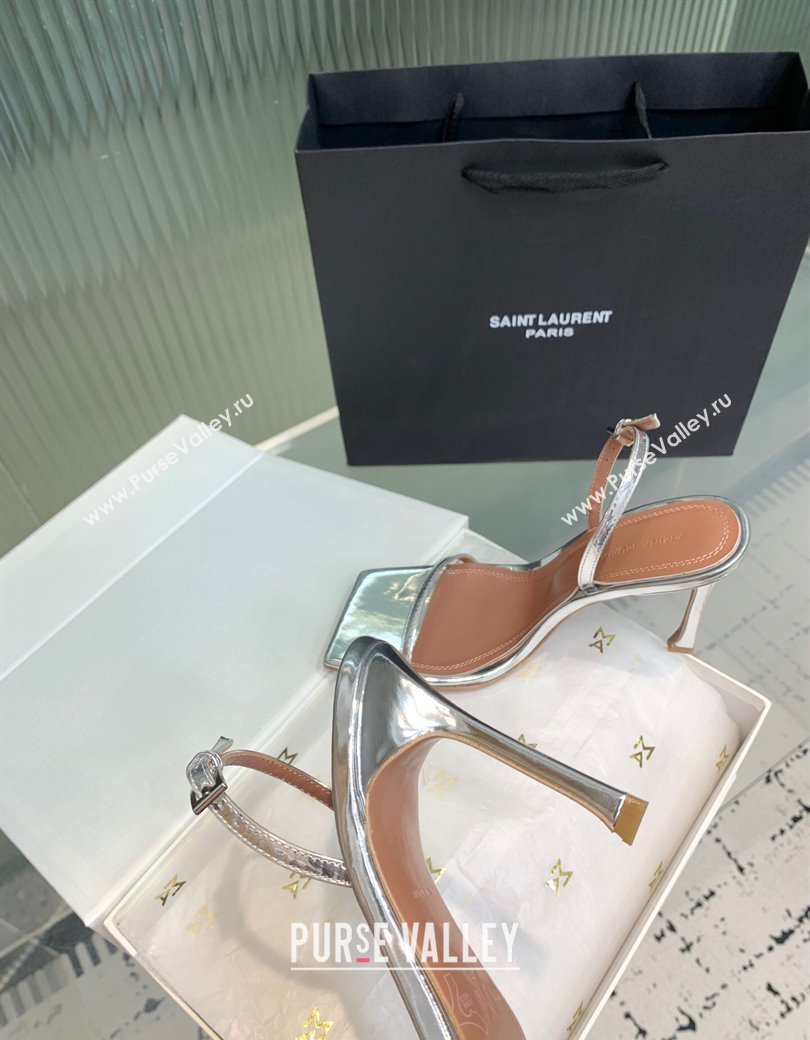 Amina Muaddi Maya Square-toe Sandals 10cm in Metallic Calfskin Silver 2025 0219 (KER-250219070)