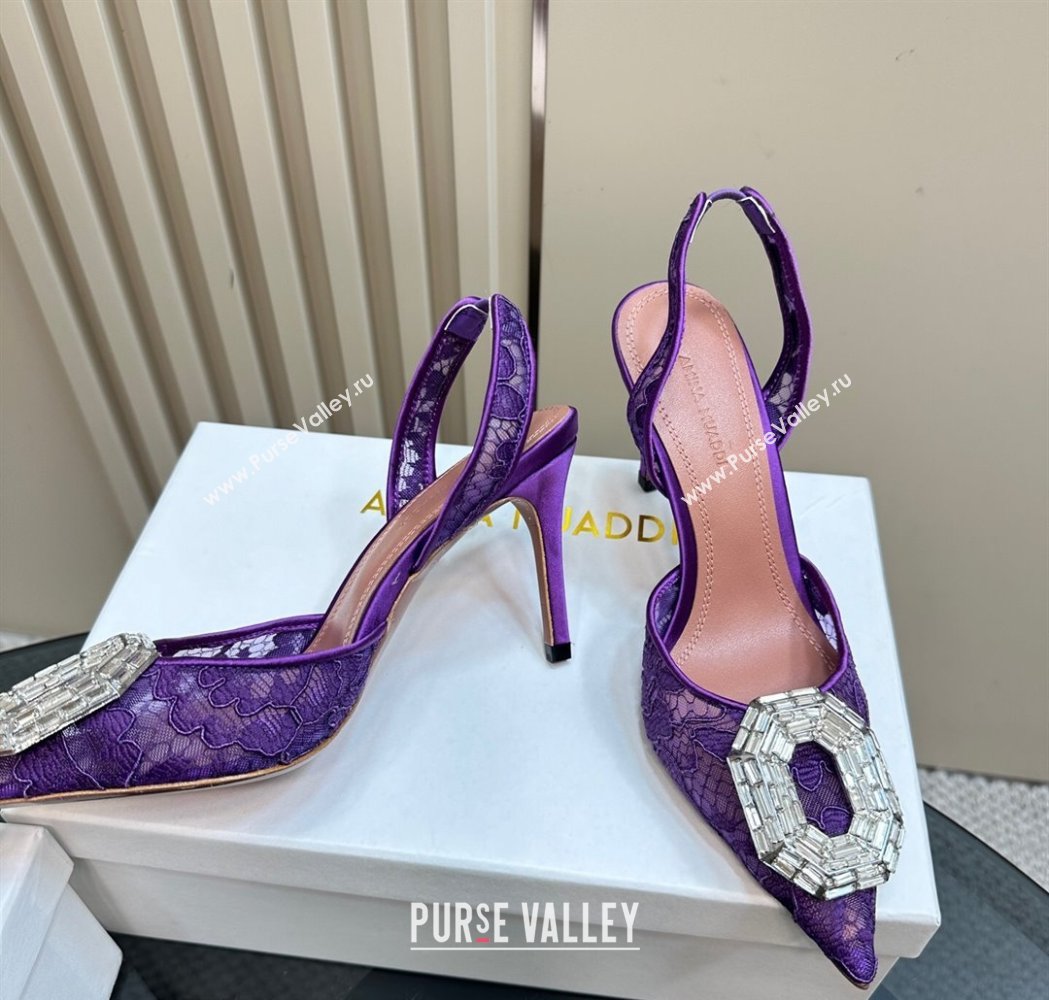 Amina Muaddi Camelia Slingback Pumps 9.8cm in Lace with Rectangular Strass Buckle Purple 2025 0219 (MD-250219027)