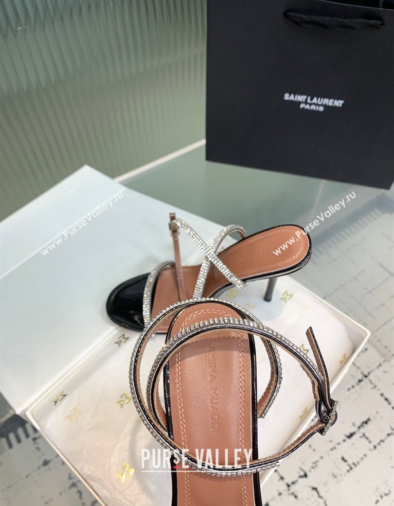 Amina Muaddi Vita Heeled Sandals 10cm in Mirror Leather and Strass with Strap Black 2025 (KER-250219071)