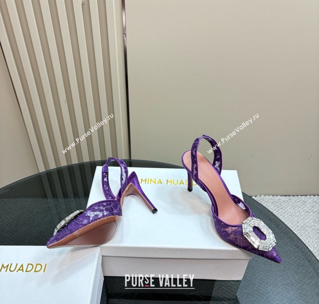 Amina Muaddi Camelia Slingback Pumps 9.8cm in Lace with Rectangular Strass Buckle Purple 2025 0219 (MD-250219027)