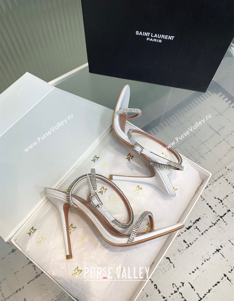 Amina Muaddi Vita Heeled Sandals 10cm in Mirror Leather and Strass with Strap White 2025 (KER-250219072)