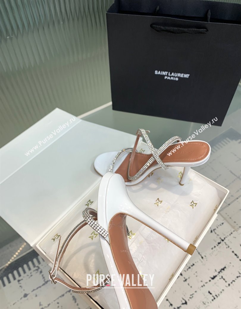 Amina Muaddi Vita Heeled Sandals 10cm in Mirror Leather and Strass with Strap White 2025 (KER-250219072)