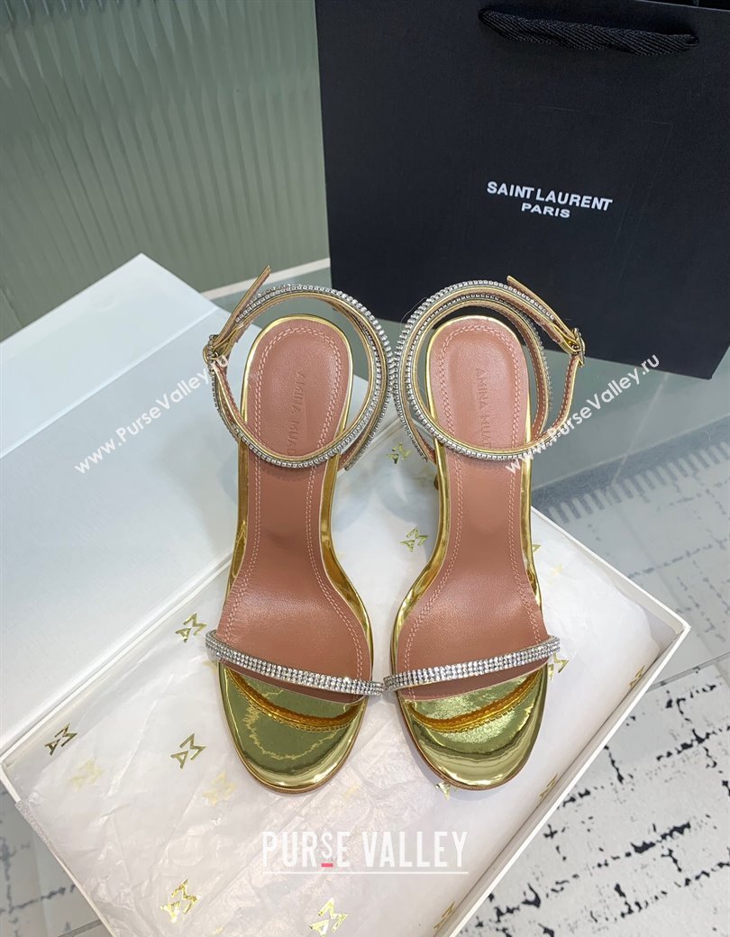 Amina Muaddi Vita Heeled Sandals 10cm in Mirror Leather and Strass with Strap Gold 2025 (KER-250219074)